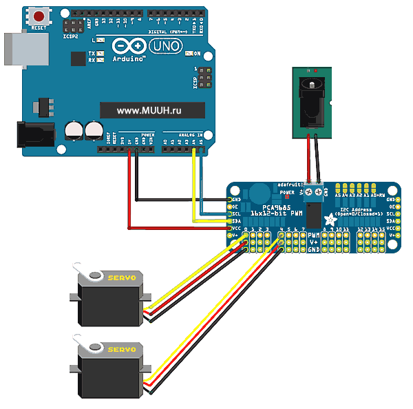 Схема подключения PCA9685r Arduino UNO