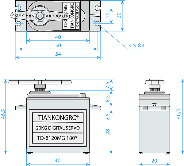 Размеры серводвигателя TD-8120MG  TIAKONGRC