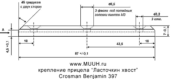 Чертеж и размеры кронштейна для крепления прицела Ласточкин хвост Crosman Benjamin 397